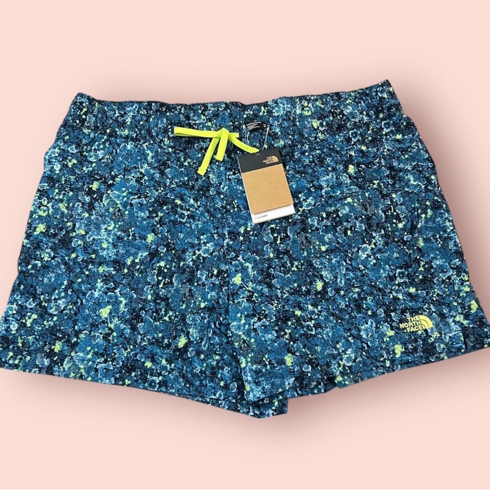 The North Face Women's Blue Floral Athletic Shorts with Neon Yellow Drawstring